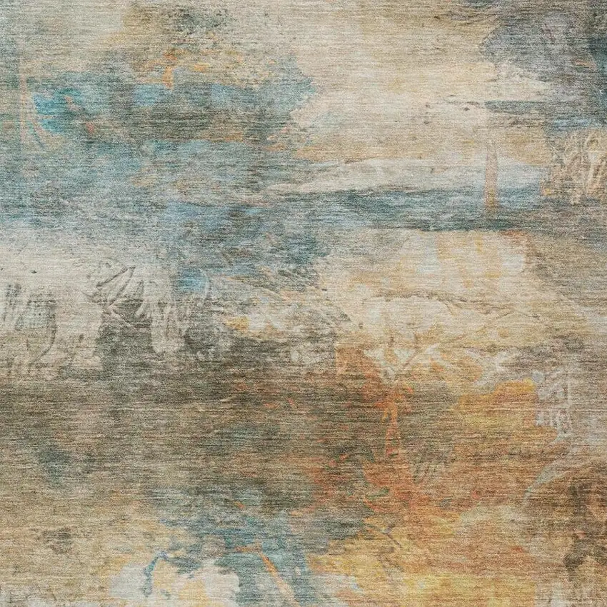 Teal Blue And Beige Abstract Washable Indoor Outdoor Area Rug Photo 9
