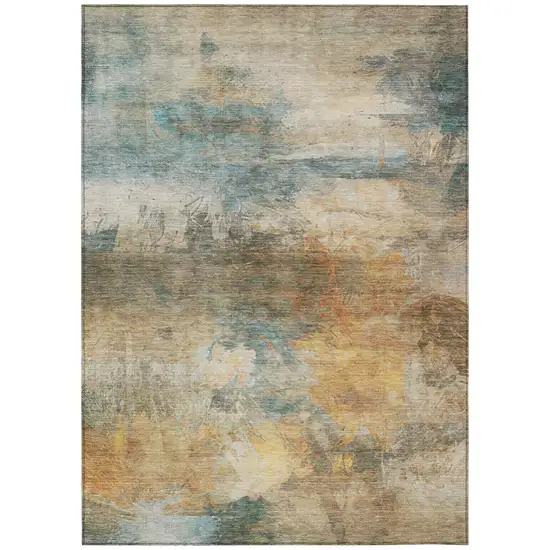 Teal Blue And Beige Abstract Washable Indoor Outdoor Area Rug Photo 3