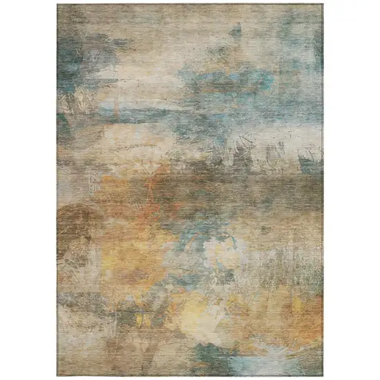 Teal Blue And Beige Abstract Washable Indoor Outdoor Area Rug Photo 4