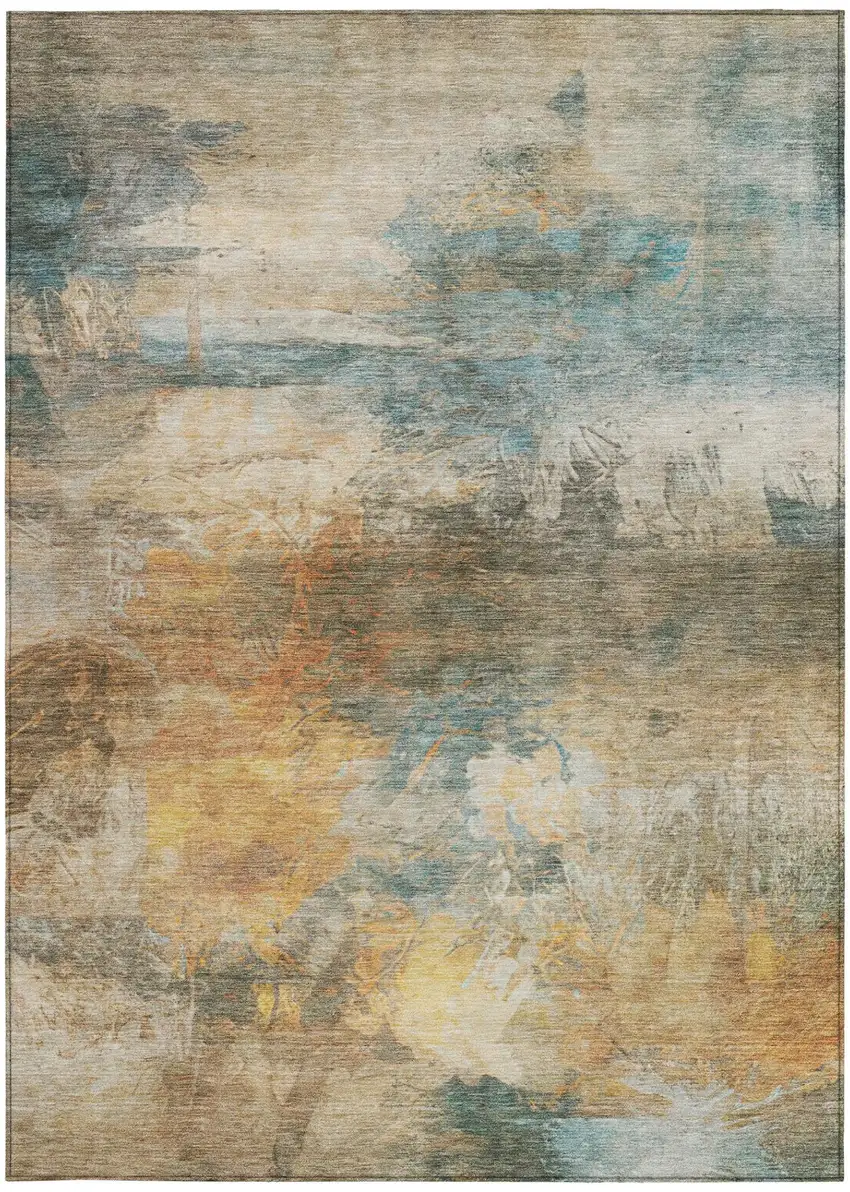 Teal Blue And Beige Abstract Washable Indoor Outdoor Area Rug Photo 4