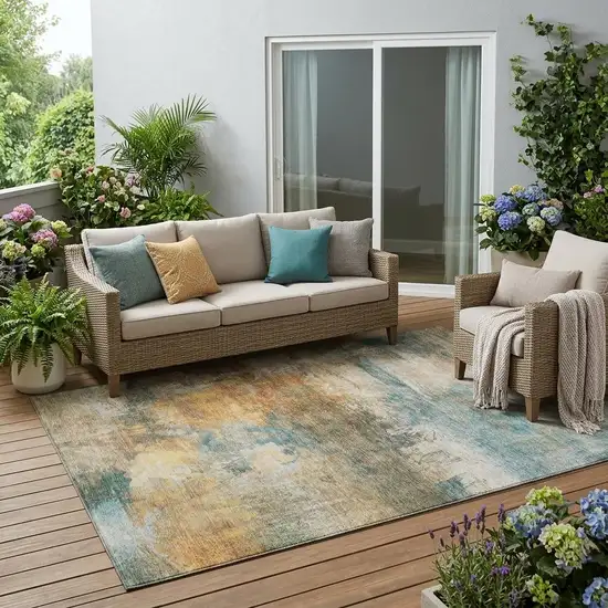 Teal Blue And Beige Abstract Washable Indoor Outdoor Area Rug Photo 1