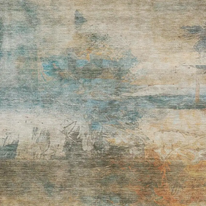 Teal Blue And Beige Abstract Washable Indoor Outdoor Area Rug Photo 6