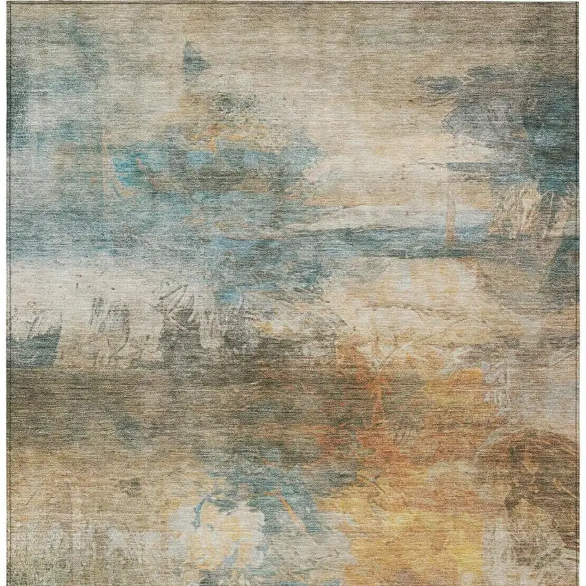 Teal Blue And Beige Abstract Washable Indoor Outdoor Area Rug Photo 7