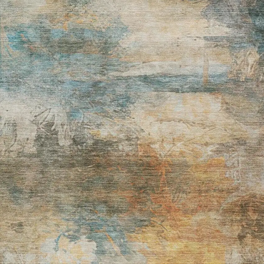 Teal Blue And Beige Abstract Washable Indoor Outdoor Area Rug Photo 8