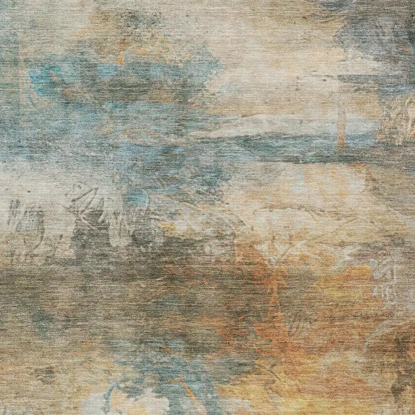 Teal Blue And Beige Abstract Washable Indoor Outdoor Area Rug Photo 9
