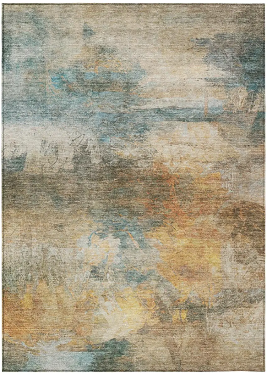 Teal Blue And Beige Abstract Washable Indoor Outdoor Area Rug Photo 3