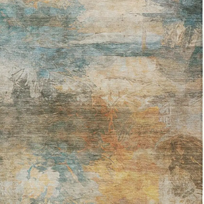 Teal Blue And Beige Abstract Washable Indoor Outdoor Area Rug Photo 4