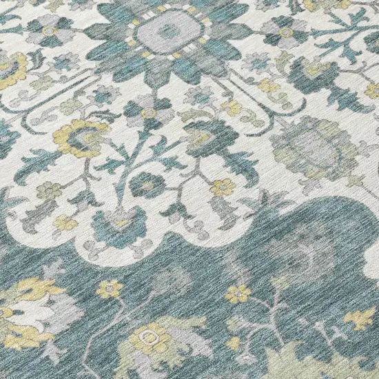 Teal Blue And Beige Floral Medallion Washable Indoor Outdoor Area Rug Photo 6
