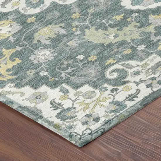 Teal Blue And Beige Floral Medallion Washable Indoor Outdoor Area Rug Photo 5