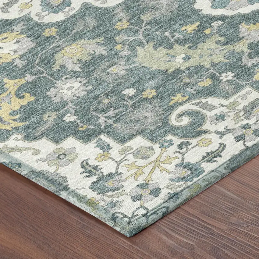 Teal Blue And Beige Floral Medallion Washable Indoor Outdoor Area Rug Photo 5