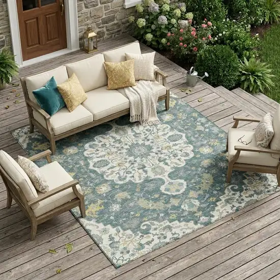 Teal Blue And Beige Floral Medallion Washable Indoor Outdoor Area Rug Photo 1
