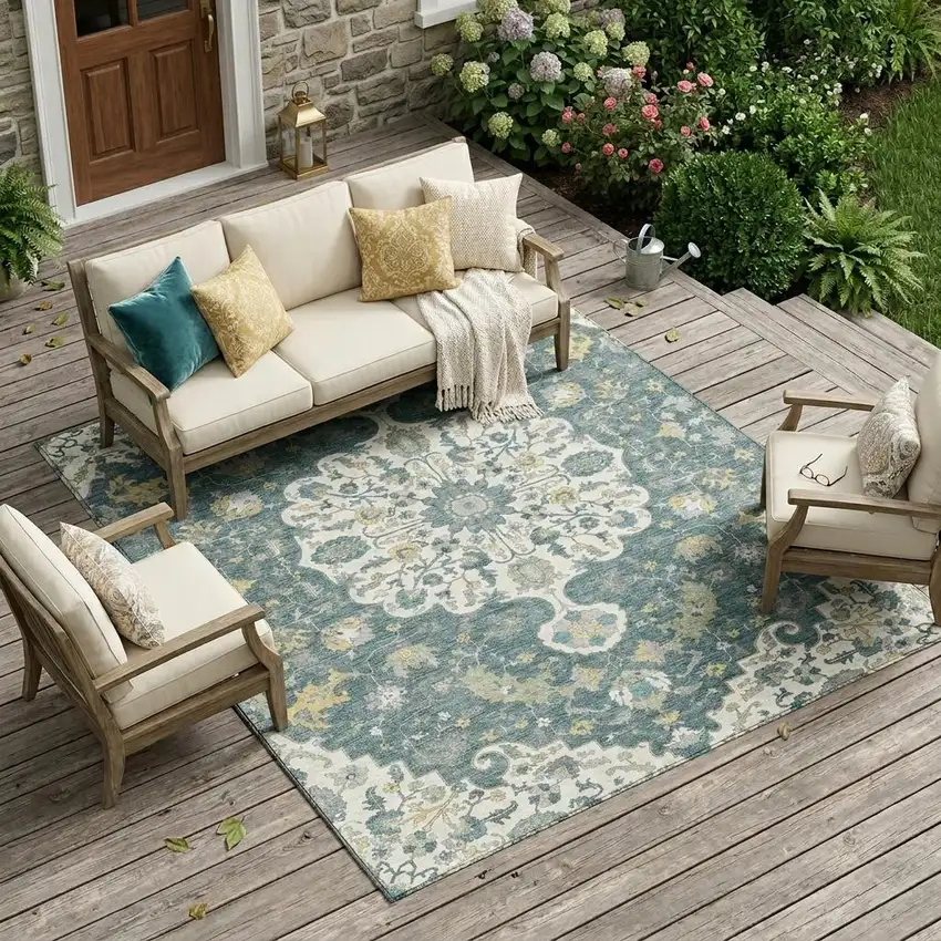 Teal Blue And Beige Floral Medallion Washable Indoor Outdoor Area Rug Photo 1
