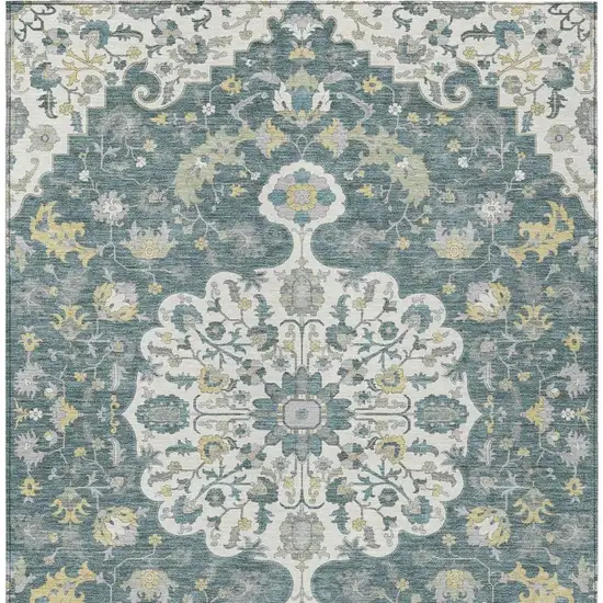 Teal Blue And Beige Floral Medallion Washable Indoor Outdoor Area Rug Photo 4