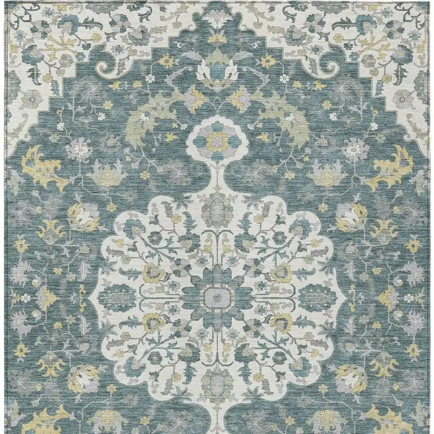 Teal Blue And Beige Floral Medallion Washable Indoor Outdoor Area Rug Photo 4