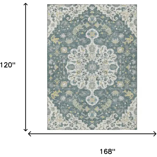 Teal Blue And Beige Floral Medallion Washable Indoor Outdoor Area Rug Photo 7