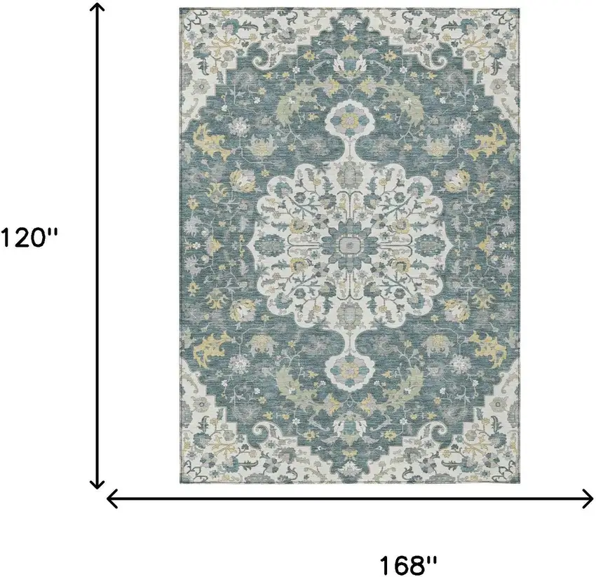 Teal Blue And Beige Floral Medallion Washable Indoor Outdoor Area Rug Photo 7