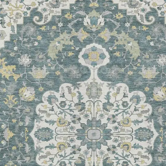 Teal Blue And Beige Floral Medallion Washable Indoor Outdoor Area Rug Photo 3
