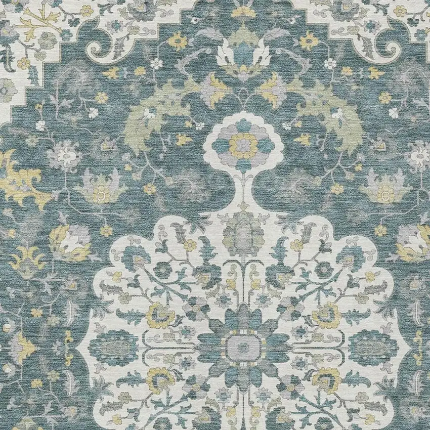 Teal Blue And Beige Floral Medallion Washable Indoor Outdoor Area Rug Photo 3