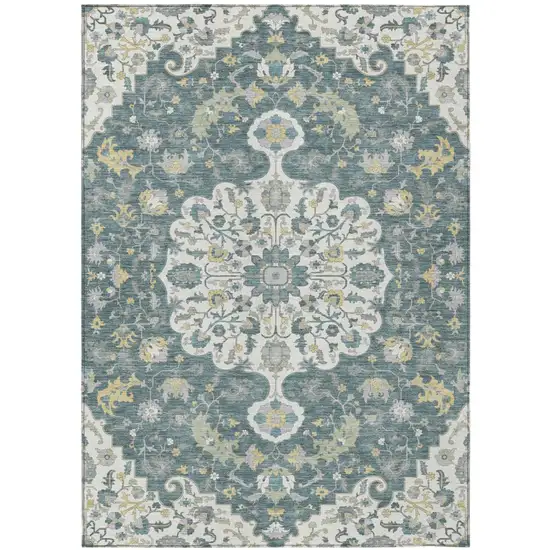 Teal Blue And Beige Floral Medallion Washable Indoor Outdoor Area Rug Photo 2