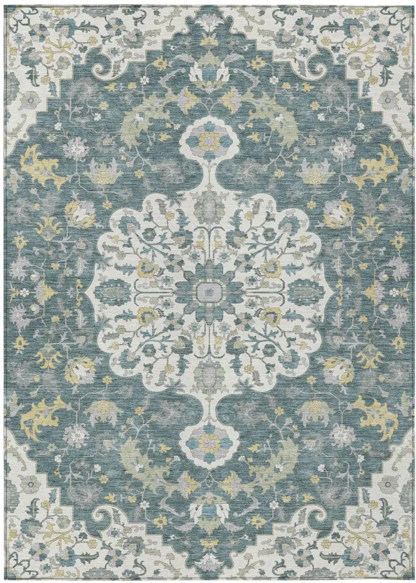 Teal Blue And Beige Floral Medallion Washable Indoor Outdoor Area Rug Photo 2
