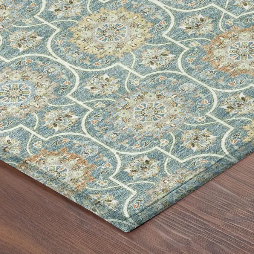 Teal Blue And Beige Floral Medallion Washable Indoor Outdoor Area Rug Photo 7