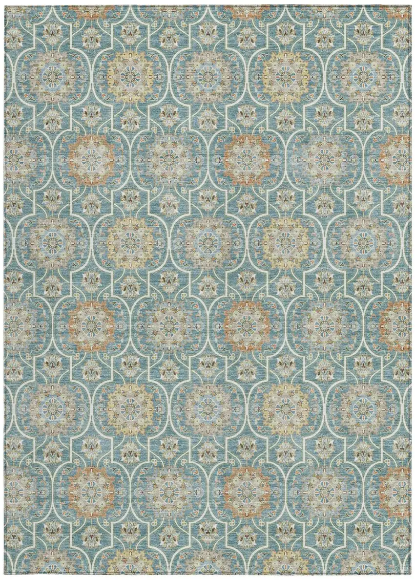 Teal Blue And Beige Floral Medallion Washable Indoor Outdoor Area Rug Photo 4