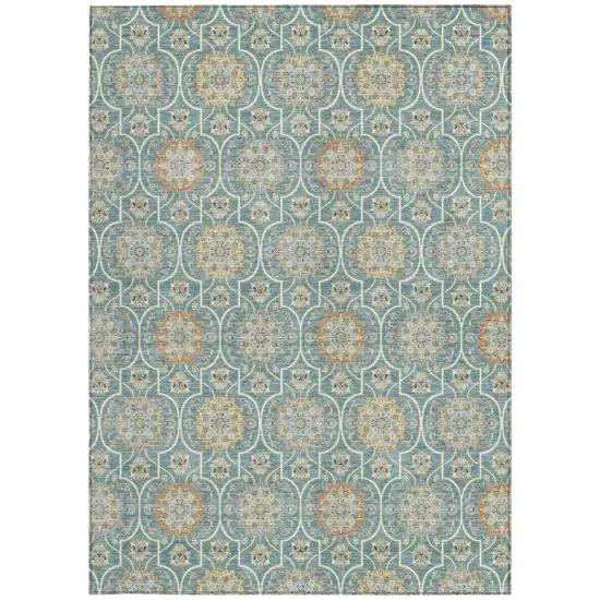 Teal Blue And Beige Floral Medallion Washable Indoor Outdoor Area Rug Photo 4