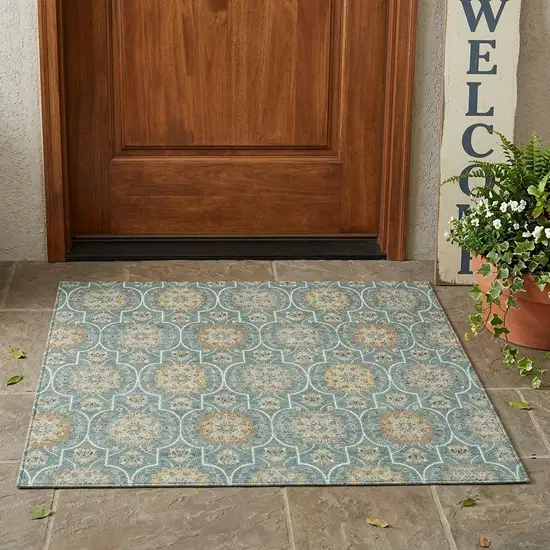 Teal Blue And Beige Floral Medallion Washable Indoor Outdoor Area Rug Photo 1