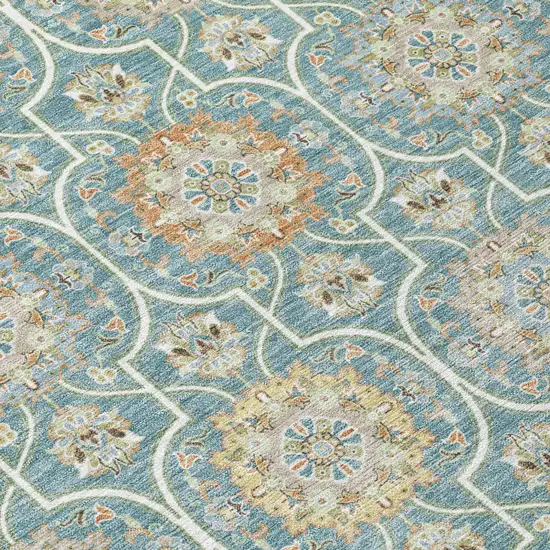 Teal Blue And Beige Floral Medallion Washable Indoor Outdoor Area Rug Photo 8