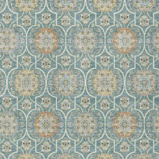Teal Blue And Beige Floral Medallion Washable Indoor Outdoor Area Rug Photo 5