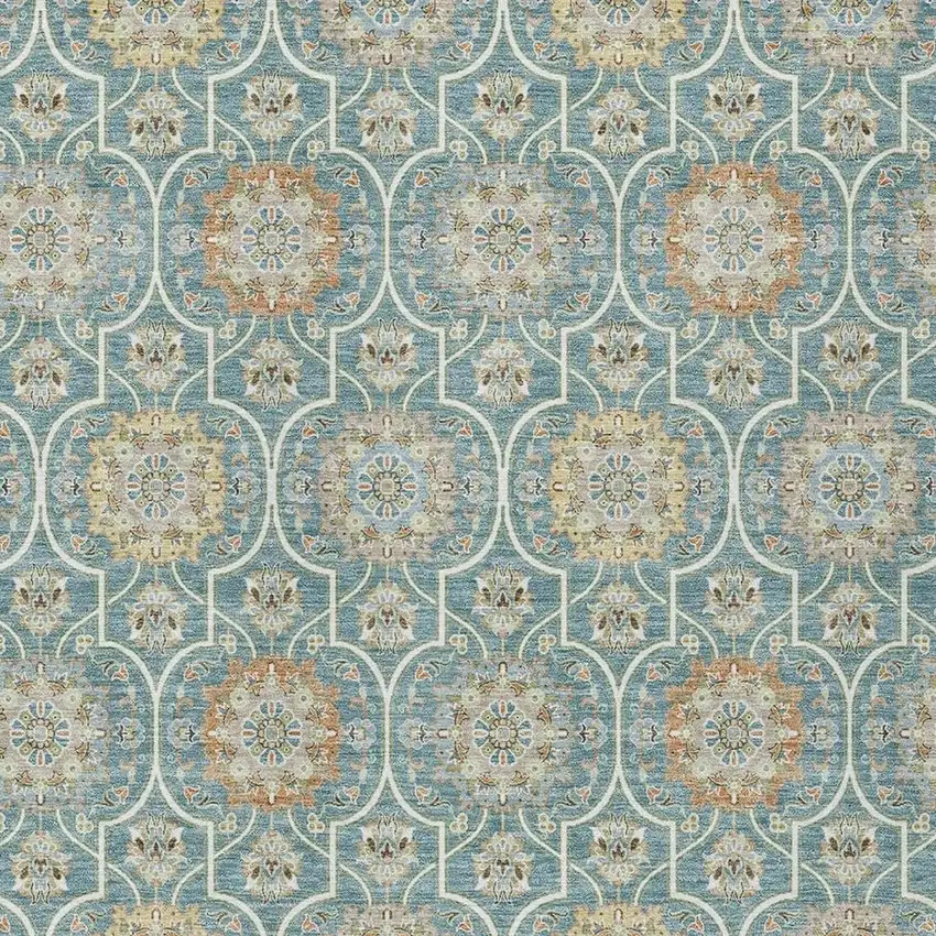Teal Blue And Beige Floral Medallion Washable Indoor Outdoor Area Rug Photo 5