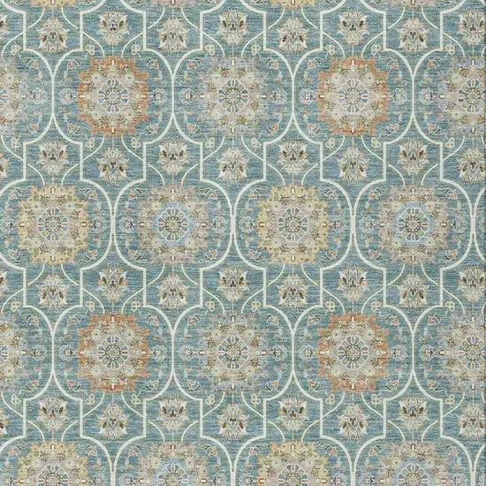 Teal Blue And Beige Floral Medallion Washable Indoor Outdoor Area Rug Photo 3