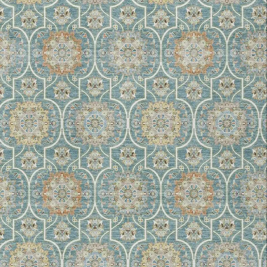 Teal Blue And Beige Floral Medallion Washable Indoor Outdoor Area Rug Photo 3