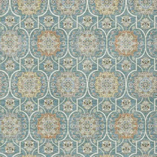 Teal Blue And Beige Floral Medallion Washable Indoor Outdoor Area Rug Photo 3
