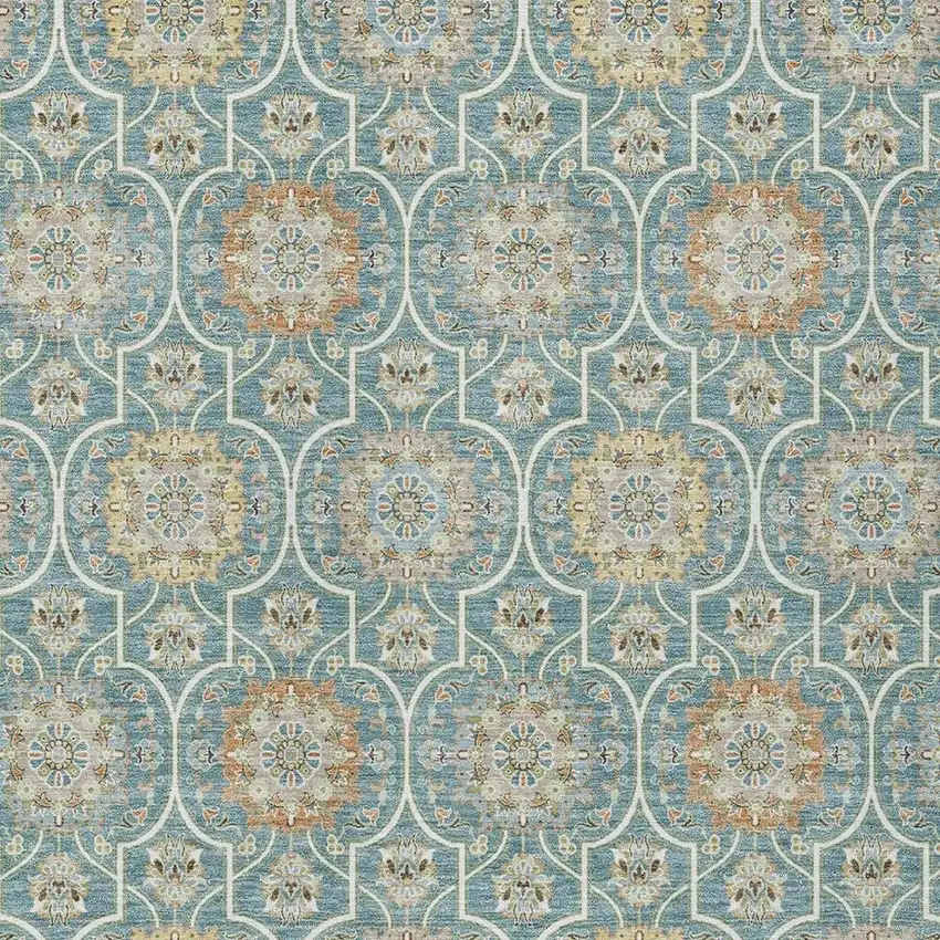 Teal Blue And Beige Floral Medallion Washable Indoor Outdoor Area Rug Photo 3