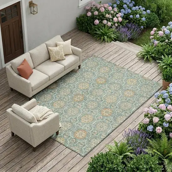 Teal Blue And Beige Floral Medallion Washable Indoor Outdoor Area Rug Photo 1