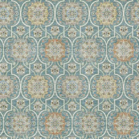 Teal Blue And Beige Floral Medallion Washable Indoor Outdoor Area Rug Photo 5