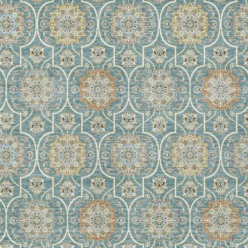 Teal Blue And Beige Floral Medallion Washable Indoor Outdoor Area Rug Photo 5