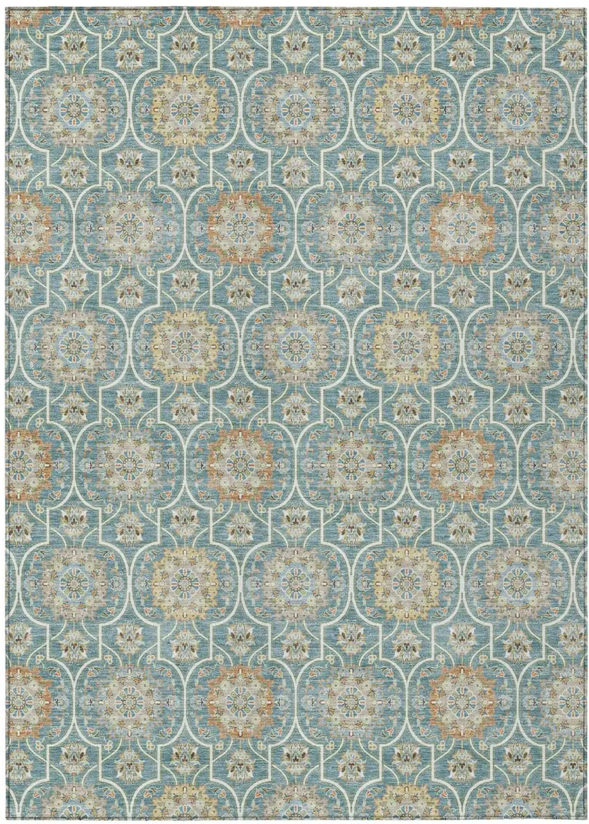 Teal Blue And Beige Floral Medallion Washable Indoor Outdoor Area Rug Photo 2