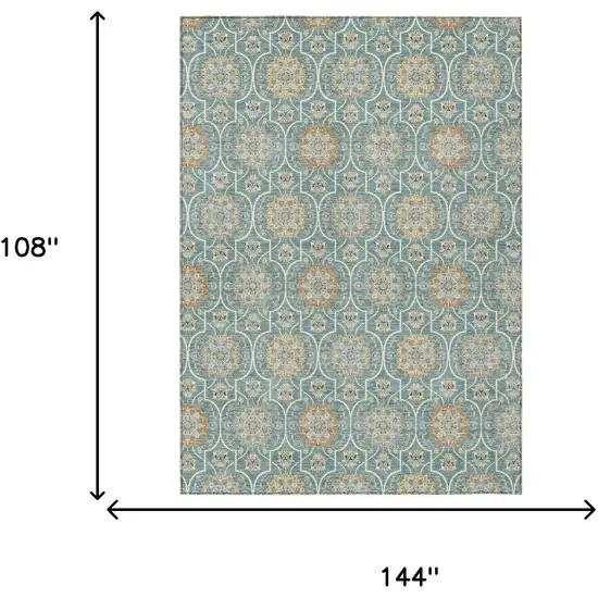 Teal Blue And Beige Floral Medallion Washable Indoor Outdoor Area Rug Photo 9
