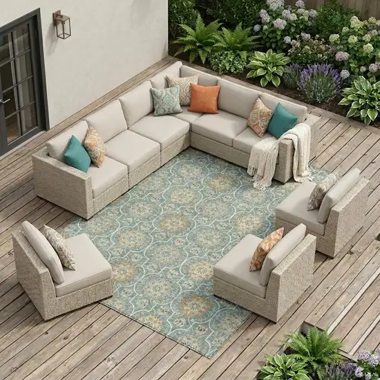 Teal Blue And Beige Floral Medallion Washable Indoor Outdoor Area Rug Photo 1