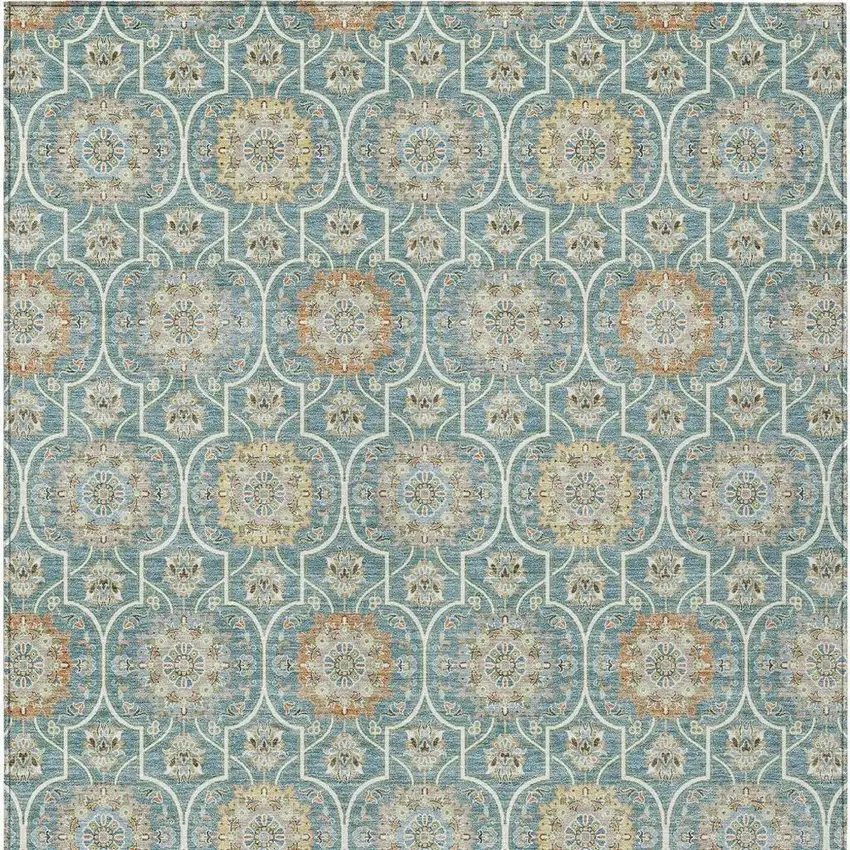 Teal Blue And Beige Floral Medallion Washable Indoor Outdoor Area Rug Photo 3