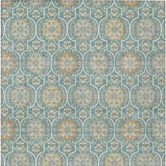 Teal Blue And Beige Floral Medallion Washable Indoor Outdoor Area Rug Photo 3