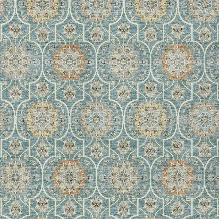 Teal Blue And Beige Floral Medallion Washable Indoor Outdoor Area Rug Photo 5