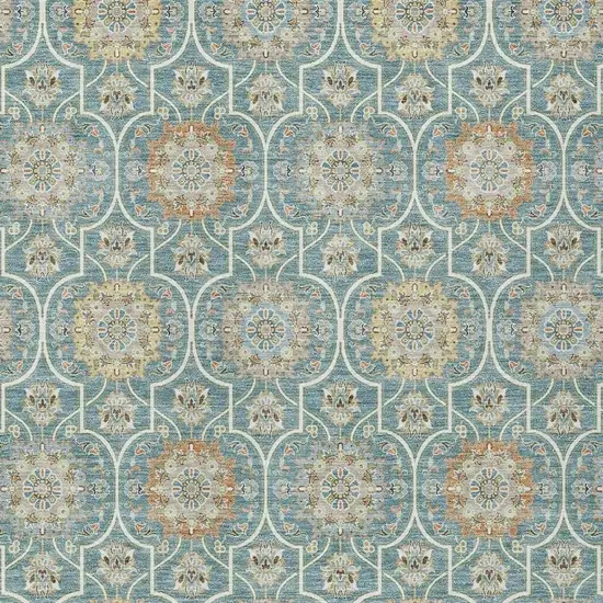 Teal Blue And Beige Floral Medallion Washable Indoor Outdoor Area Rug Photo 5