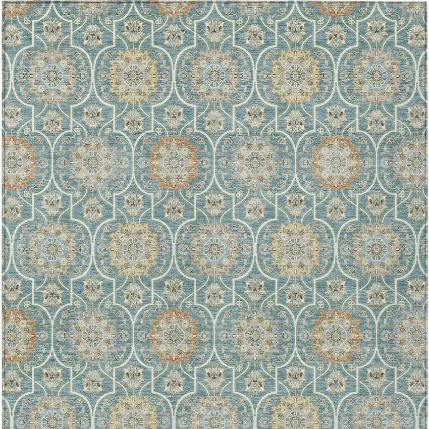 Teal Blue And Beige Floral Medallion Washable Indoor Outdoor Area Rug Photo 6