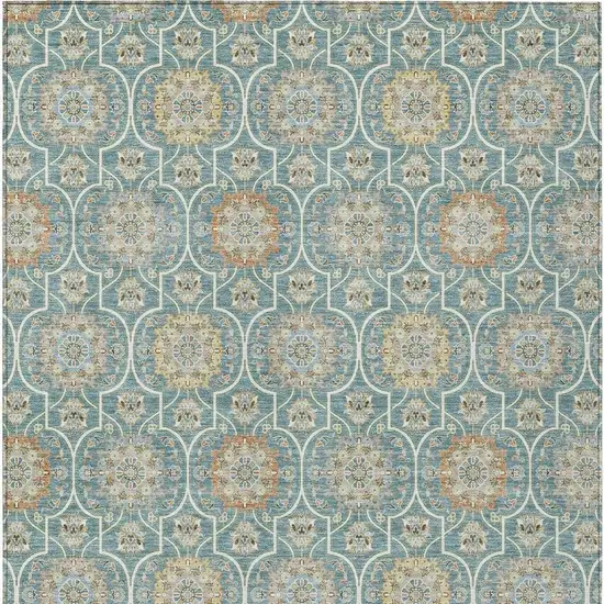 Teal Blue And Beige Floral Medallion Washable Indoor Outdoor Area Rug Photo 6