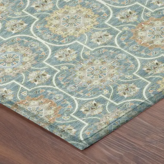 Teal Blue And Beige Floral Medallion Washable Indoor Outdoor Area Rug Photo 6
