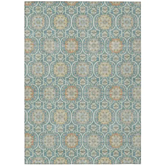 Teal Blue And Beige Floral Medallion Washable Indoor Outdoor Area Rug Photo 2
