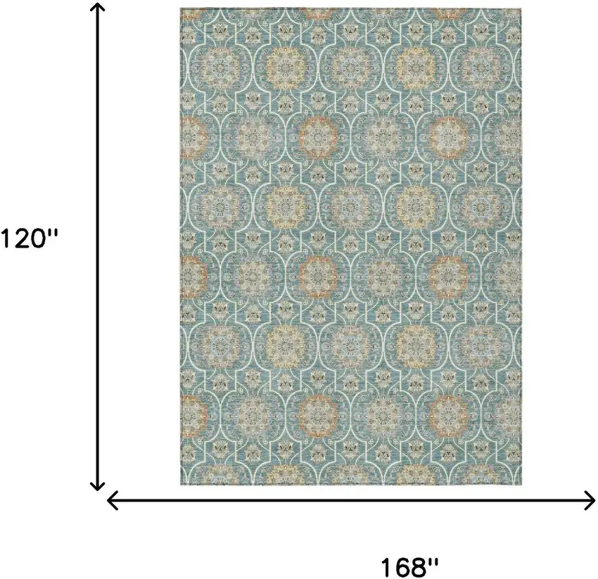 Teal Blue And Beige Floral Medallion Washable Indoor Outdoor Area Rug Photo 8
